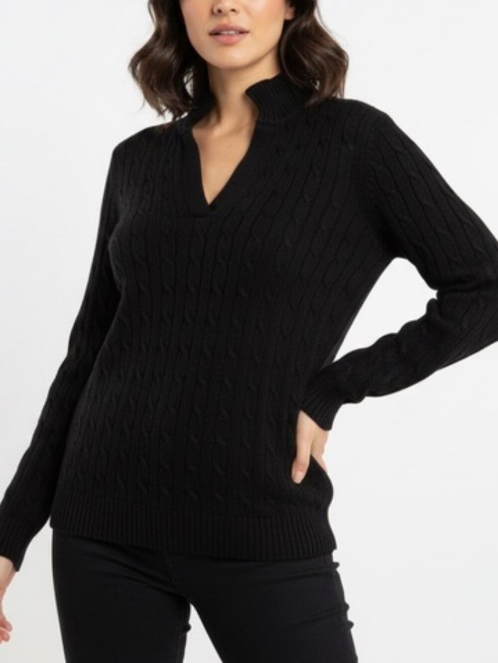 Brooks Brothers split neck cable knit sweater black women's size M